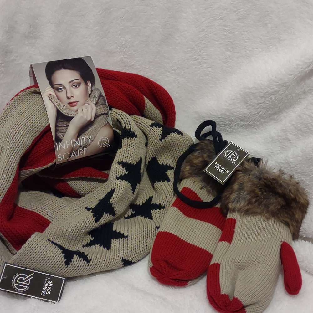 Infinity Scarf with Matching Gloves Red Tan Blue